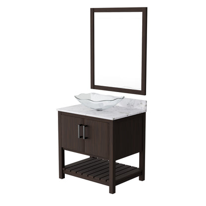 30-inch Novatto bath vanity with café mocha quartz countertop and sink, showcasing the elegant bathroom accessory.