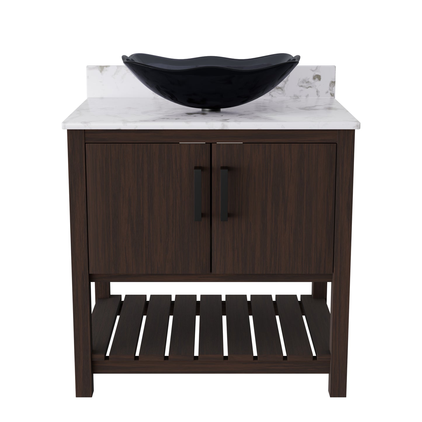 30-inch Novatto bath vanity with Café Mocha quartz countertop and sink, modern bathroom accessory with sleek design
