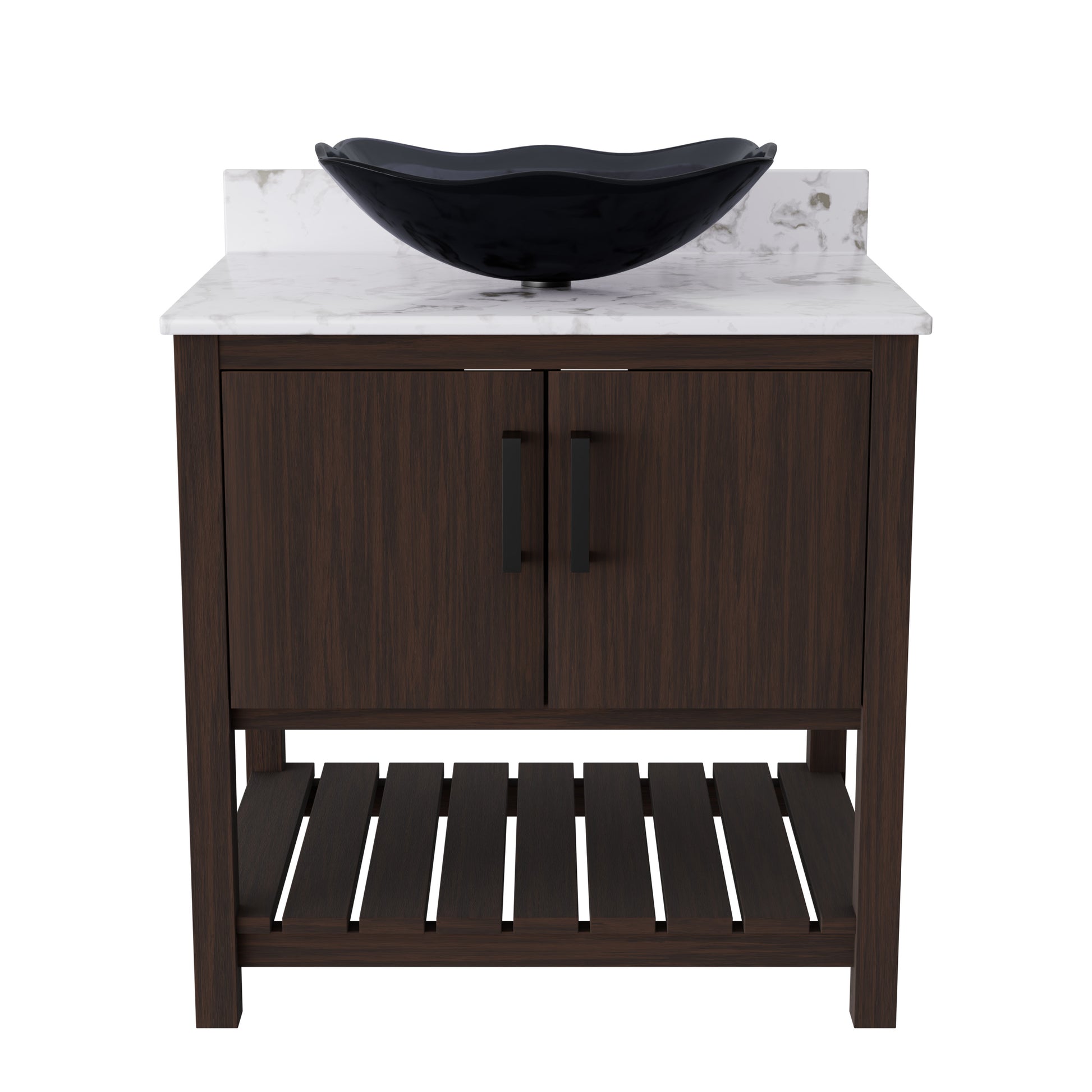 30-inch Novatto bath vanity with Café Mocha quartz countertop and sink, modern bathroom accessory with sleek design