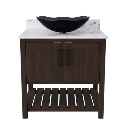30-inch Novatto bath vanity with Café Mocha quartz countertop and sink, modern bathroom accessory with sleek design