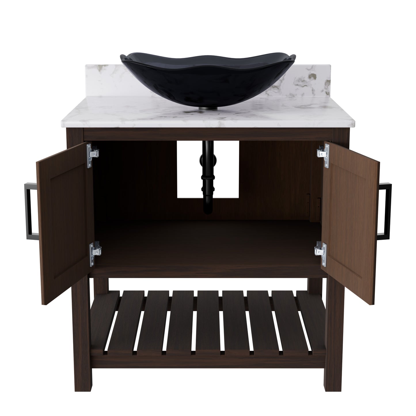 30-inch Novatto bath vanity with café mocha quartz countertop and integrated sink, modern bathroom accessory with sleek design.