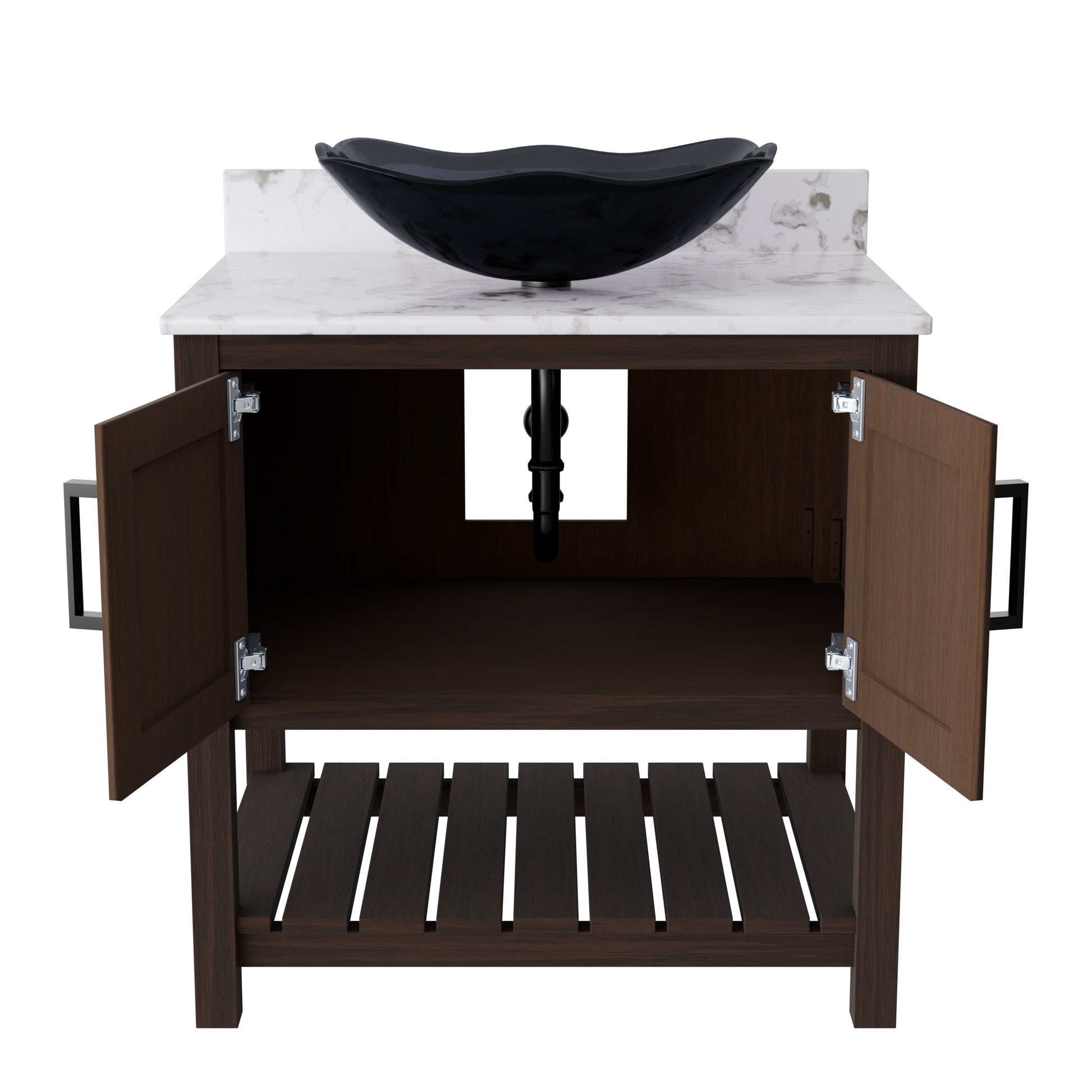 30-inch Novatto bath vanity with café mocha quartz countertop and integrated sink, modern bathroom accessory with sleek design.