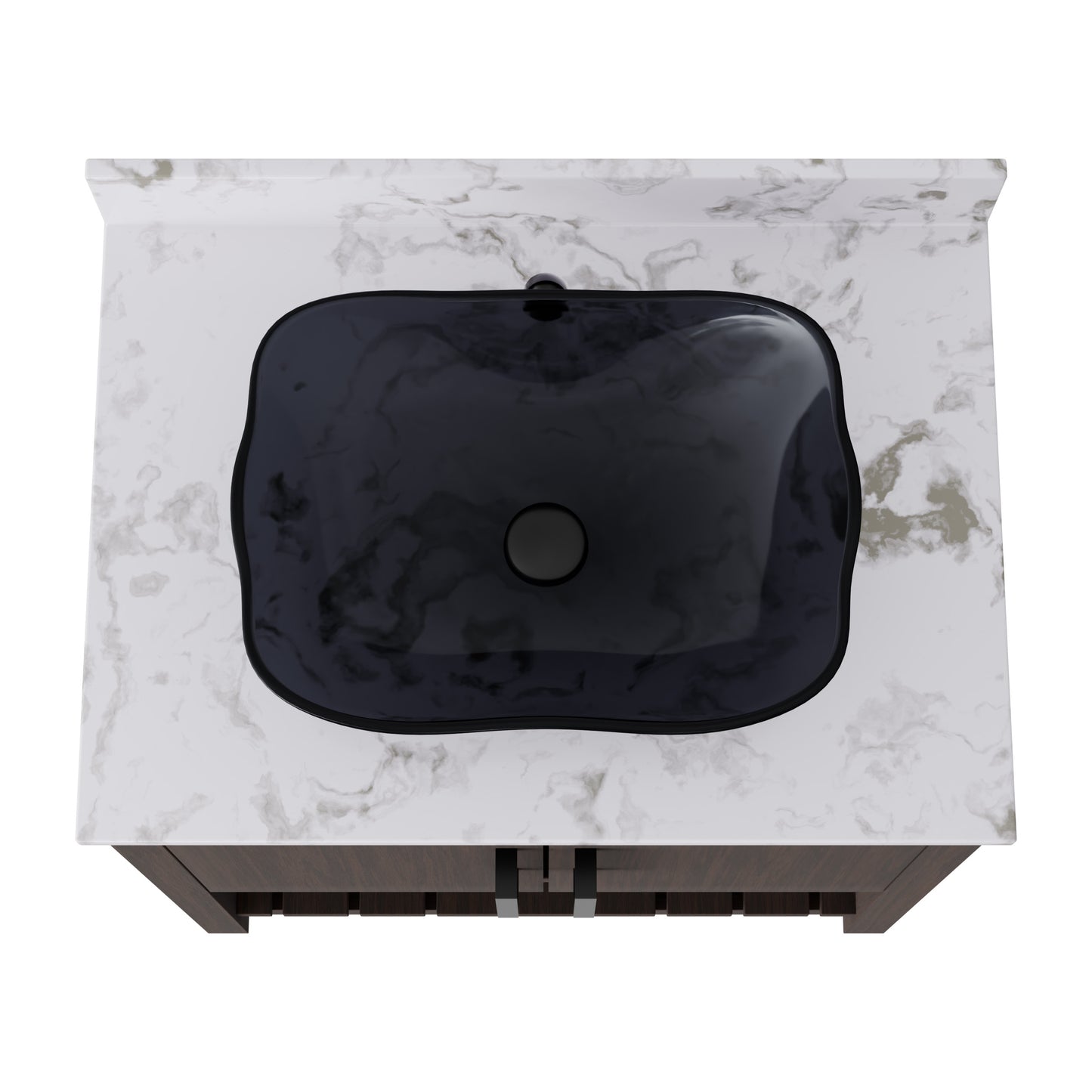30-inch Novatto bath vanity with café mocha quartz countertop and integrated sink, shown in a sleek bathroom setting.