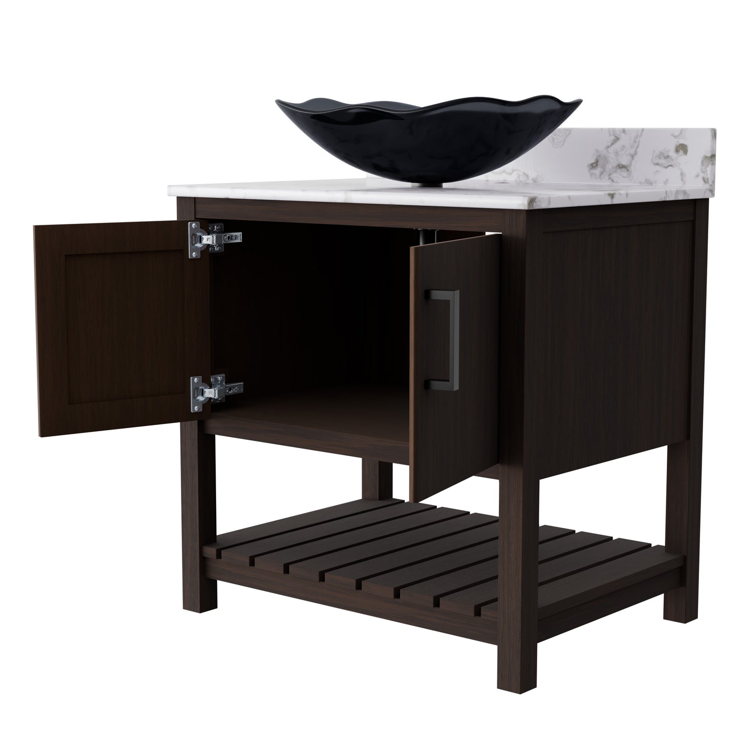 30-inch Novatto bath vanity with café mocha quartz countertop and integrated sink, modern bathroom accessory.