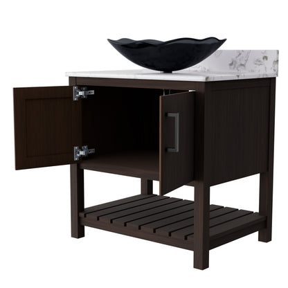 30-inch Novatto bath vanity with café mocha quartz countertop and integrated sink, modern bathroom accessory.