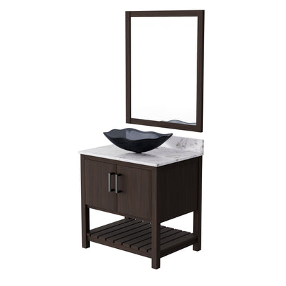 30-inch Novatto bath vanity with café mocha quartz countertop and integrated sink, modern bathroom accessory.