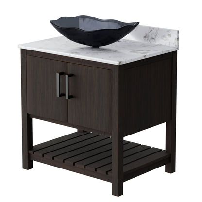 30-inch Novatto bath vanity with café mocha quartz countertop and integrated sink, showcasing sleek bathroom accessory design.