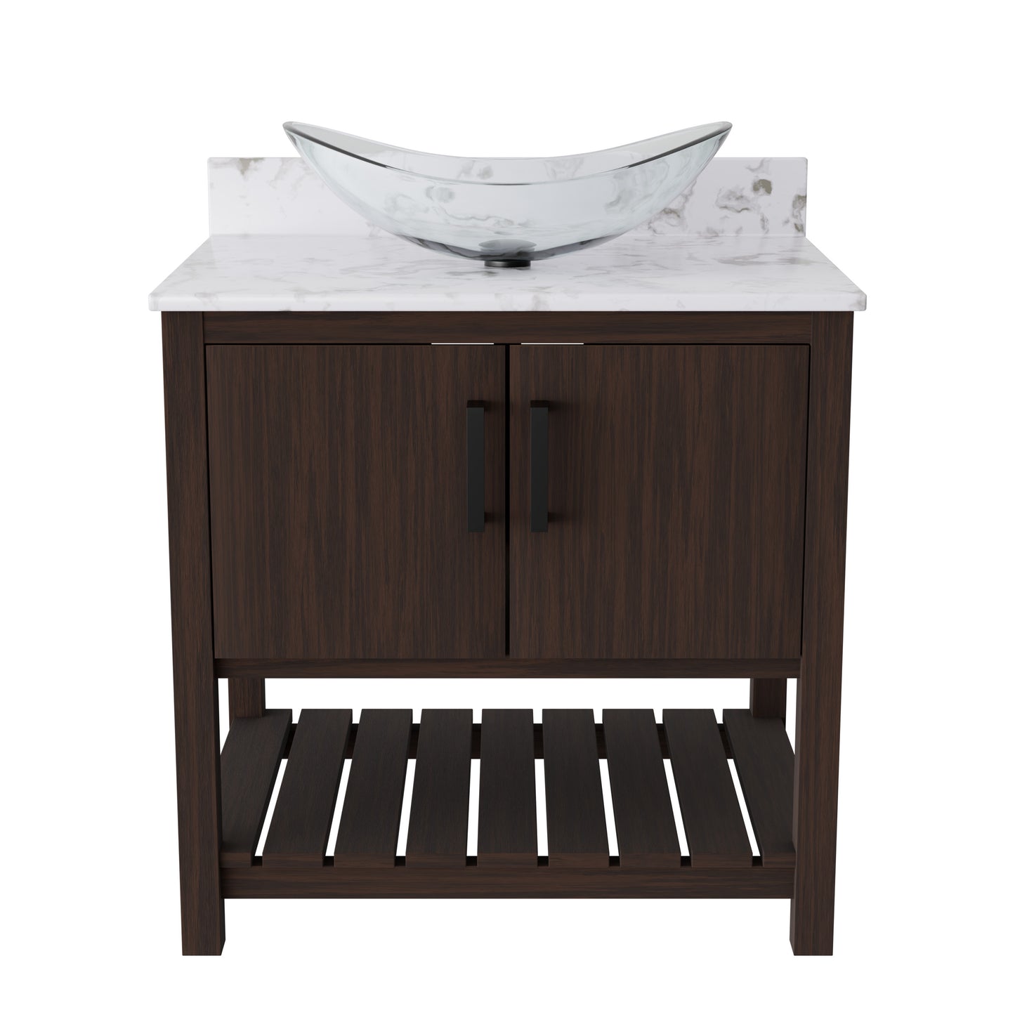 30-inch Novatto bath vanity with cafe mocha quartz counter and sink, showcasing its elegant design and natural stone finish.