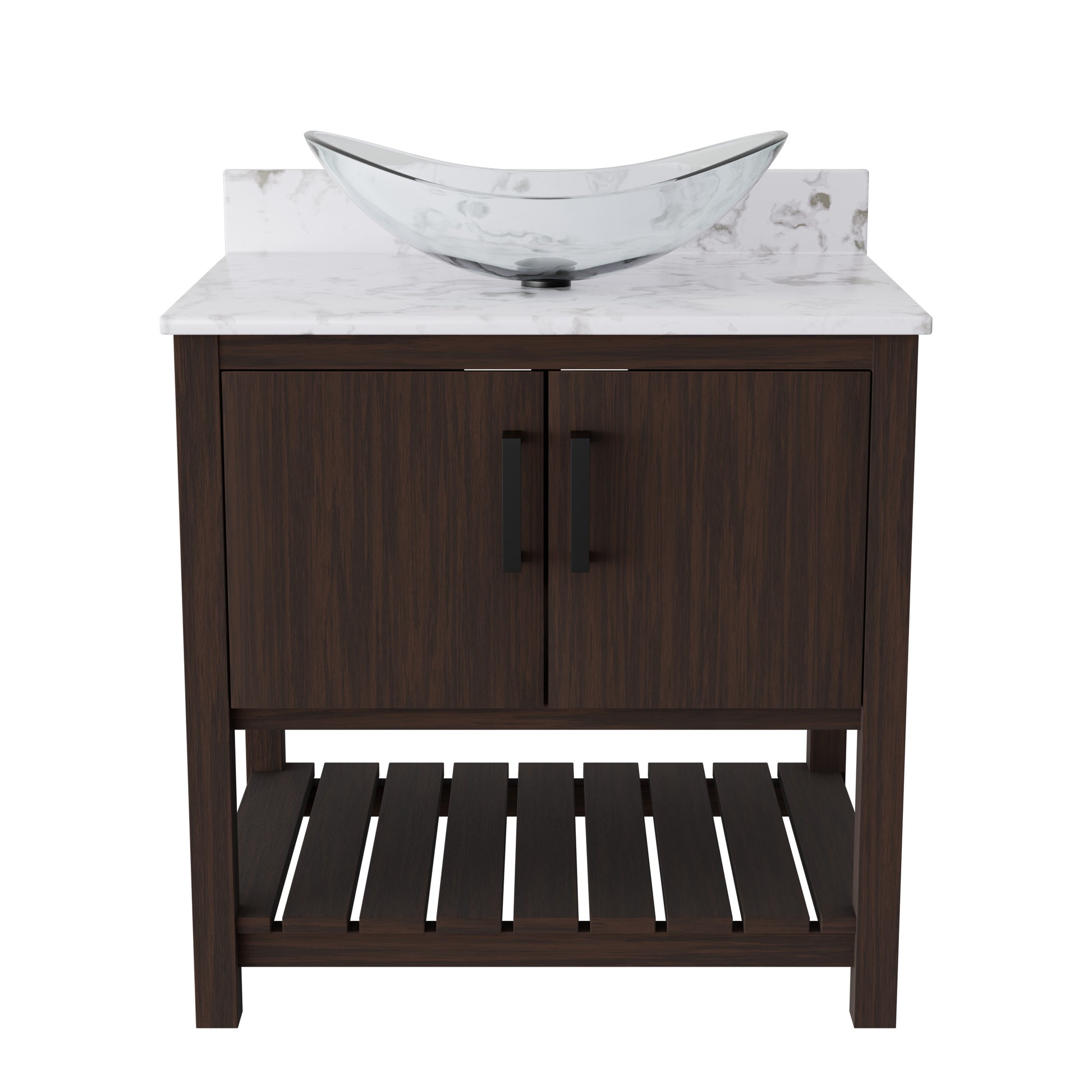 30-inch Novatto bath vanity with cafe mocha quartz counter and sink, showcasing its elegant design and natural stone finish.
