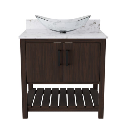 30-inch Novatto bath vanity with cafe mocha quartz counter and sink, showcasing its elegant design and natural stone finish.