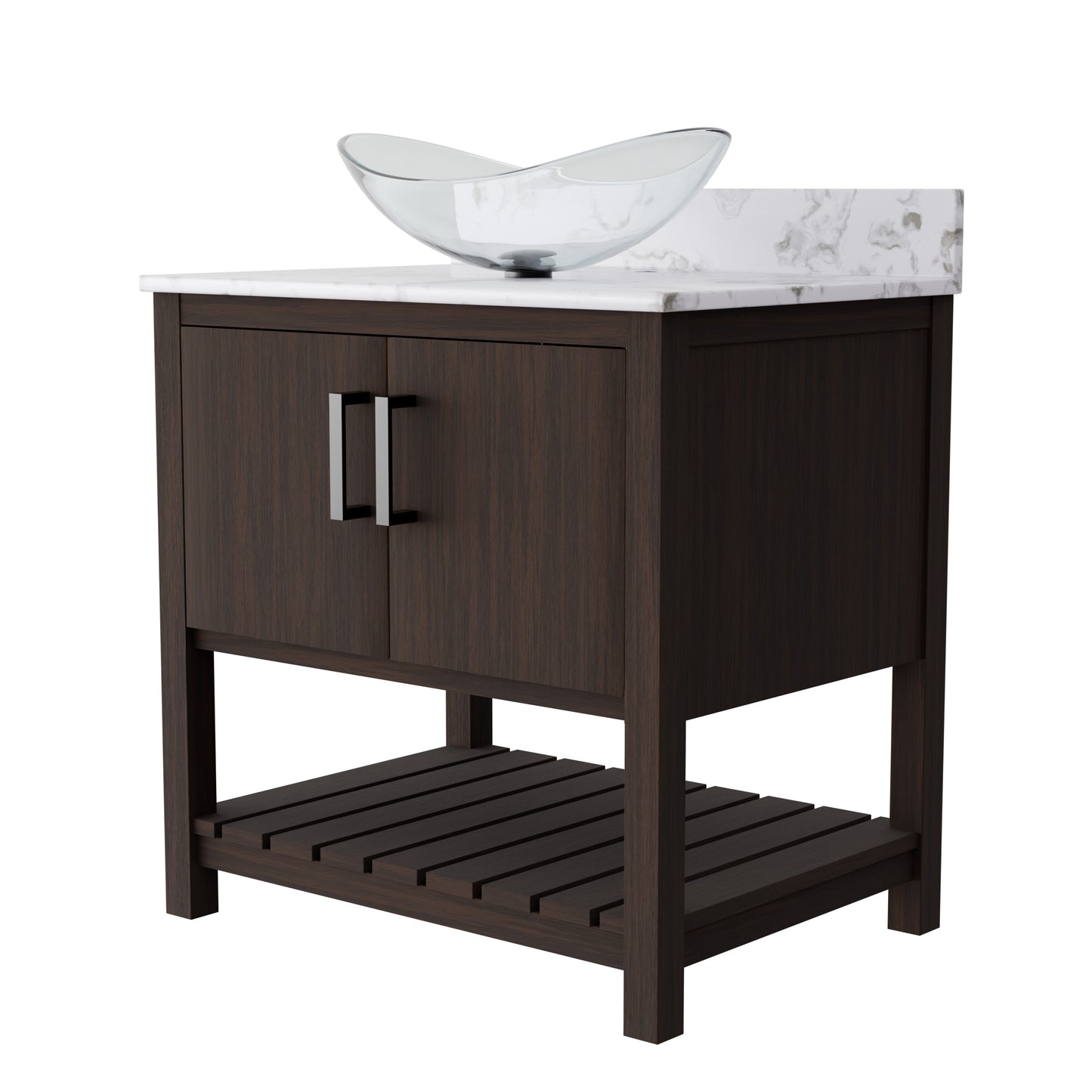 30-inch Novatto bath vanity with cafe mocha quartz countertop and integrated sink, showcasing sleek bathroom accessory design.