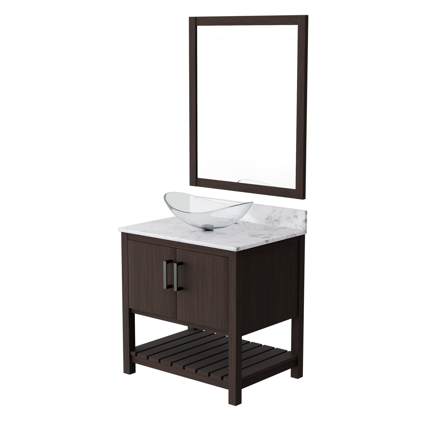 Novatto 30-inch bath vanity with cafe mocha quartz countertop and sink, showcasing modern bathroom accessory design.