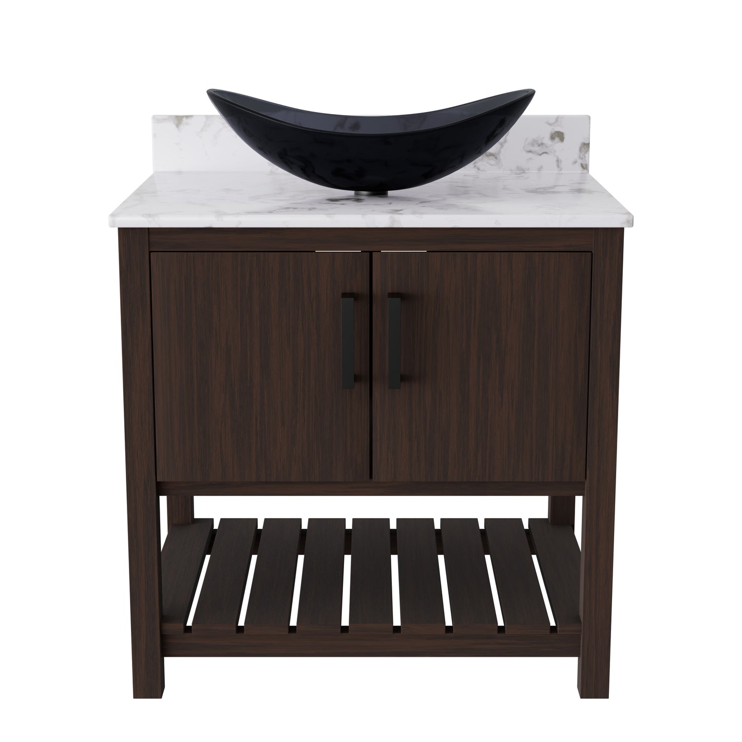 30-inch Novatto bath vanity with café mocha quartz countertop and integrated sink, showcasing a sleek bathroom accessory.