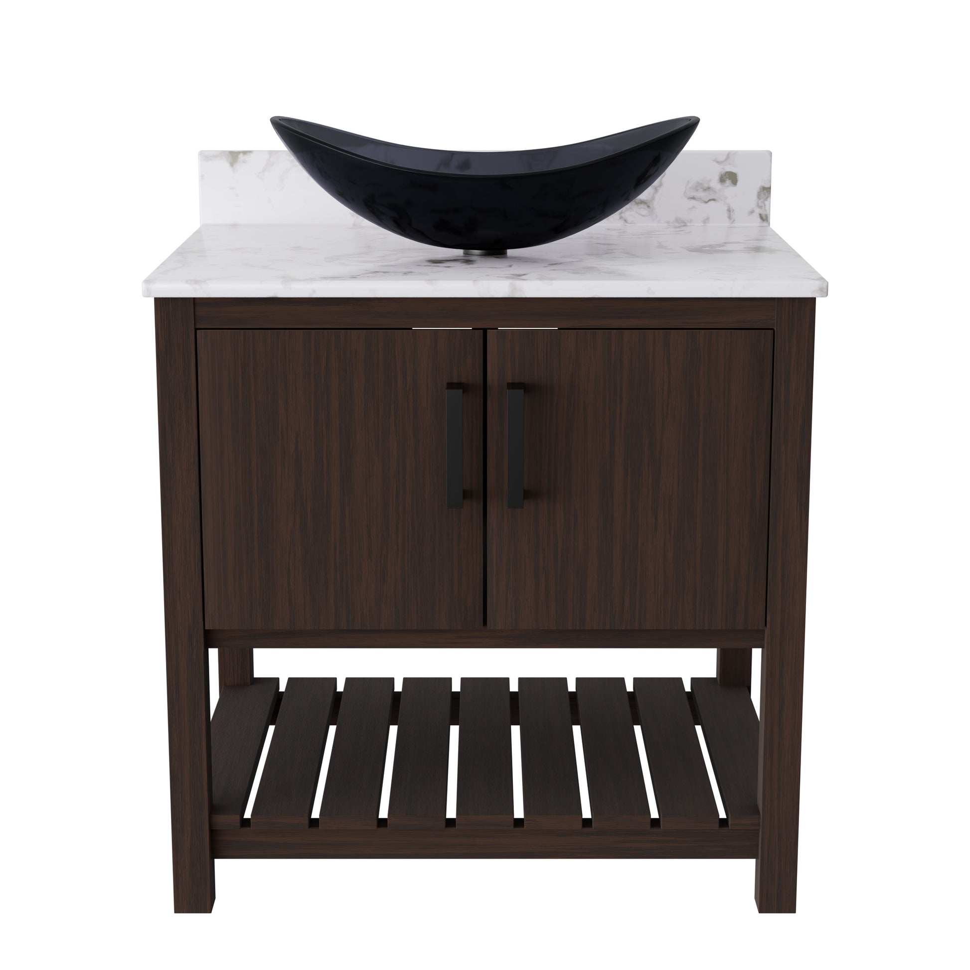 30-inch Novatto bath vanity with café mocha quartz countertop and integrated sink, showcasing a sleek bathroom accessory.