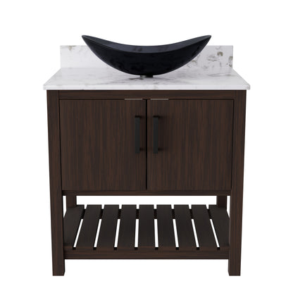 30-inch Novatto bath vanity with café mocha quartz countertop and integrated sink, showcasing a sleek bathroom accessory.