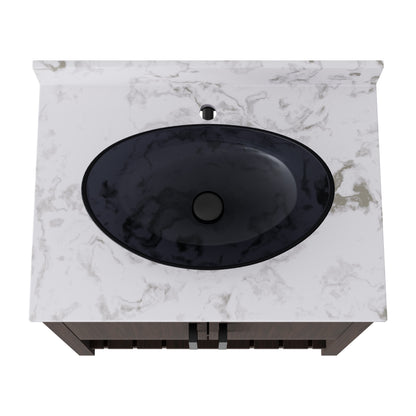 30-inch Novatto bath vanity with café mocha quartz countertop and integrated sink, showcasing modern bathroom accessory design.