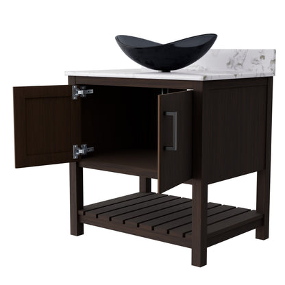 30-inch Novatto bath vanity with café mocha quartz countertop and integrated sink, showcasing a modern bathroom accessory.