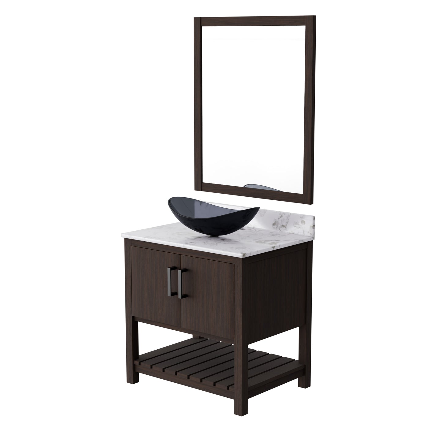 30-inch Novatto bath vanity with café mocha quartz countertop and sink, featuring modern bathroom accessory design.