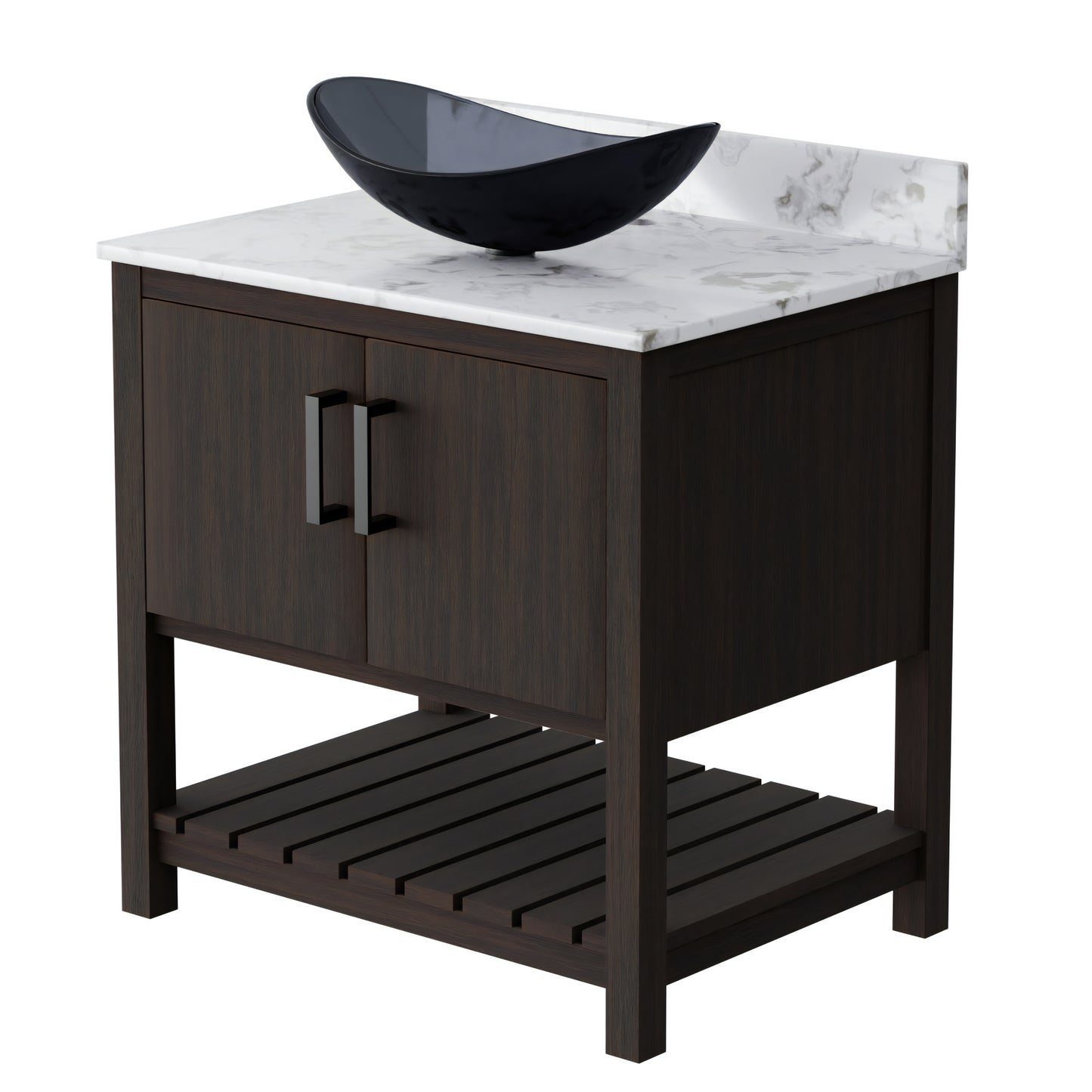 30-inch Novatto bath vanity with café mocha quartz countertop and sink, showcasing the sleek, modern bathroom accessory.