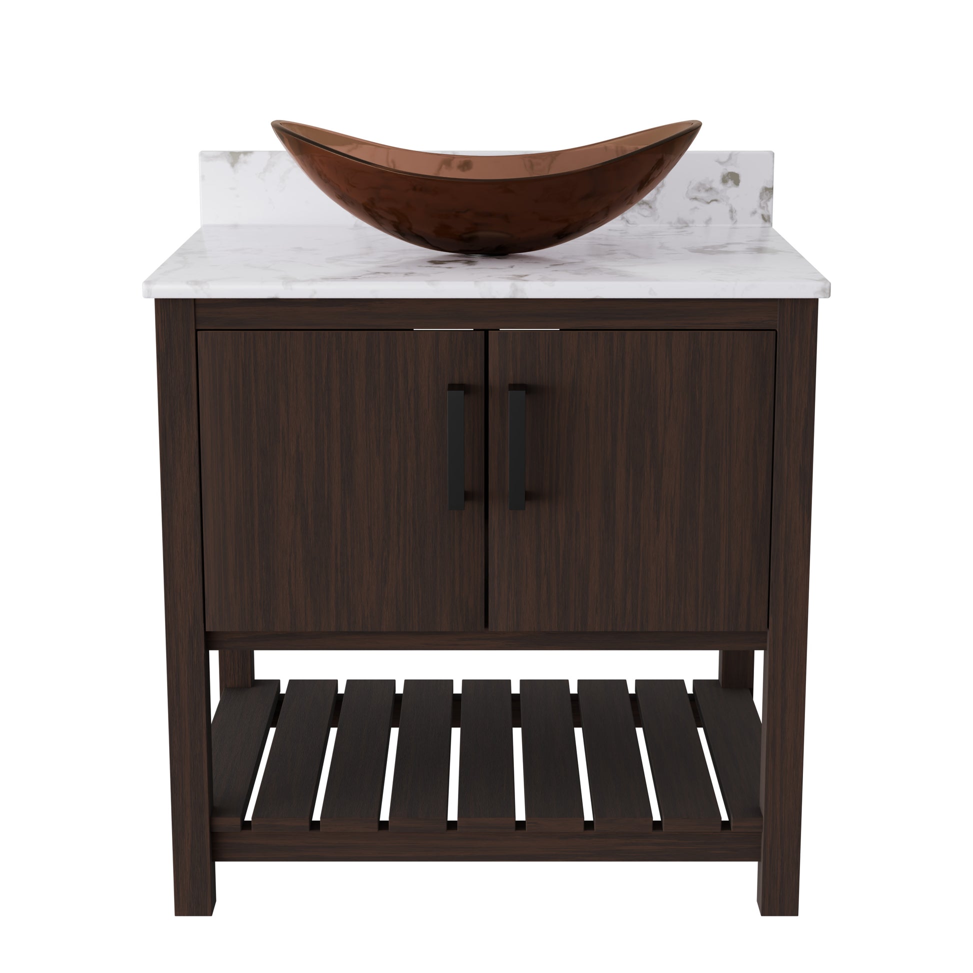 30-inch Novatto bath vanity with café mocha quartz countertop and sink, showcasing its elegant design and natural stone finish.