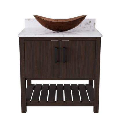 30-inch Novatto bath vanity with café mocha quartz countertop and sink, showcasing its elegant design and natural stone finish.