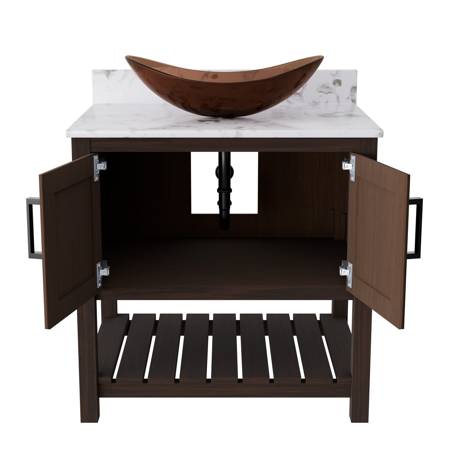 30-inch Novatto bath vanity with café mocha quartz countertop and sink, showcasing sleek bathroom accessory design.