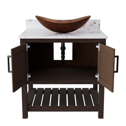 30-inch Novatto bath vanity with café mocha quartz countertop and sink, showcasing sleek bathroom accessory design.