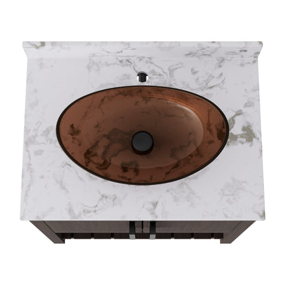 30-inch Novatto bath vanity with café mocha quartz counter and sink, showcasing sleek bathroom accessory design.