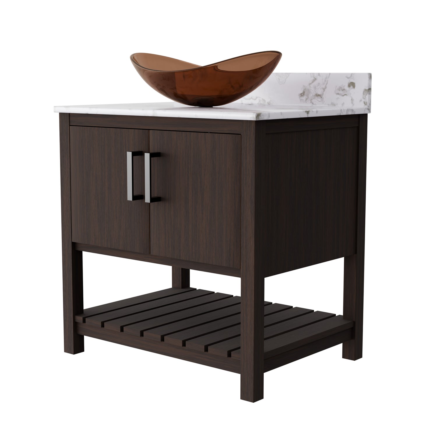30-inch Novatto bathroom vanity with café mocha quartz countertop and built-in sink, showcasing modern design and durable materials.