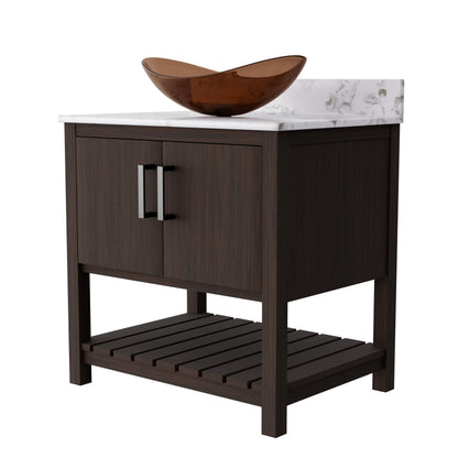 30-inch Novatto bathroom vanity with café mocha quartz countertop and built-in sink, showcasing modern design and durable materials.