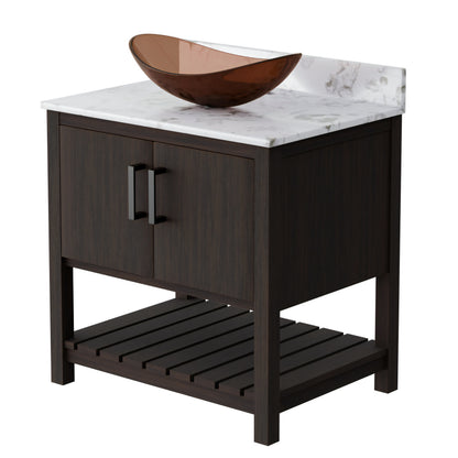 30-inch Novatto bath vanity with café mocha quartz countertop and integrated sink, showcasing the elegant bathroom accessory.