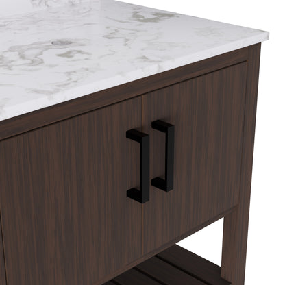 30-inch Novatto vanity with café mocha quartz countertop, showcasing the elegant bathroom accessory with sleek design.