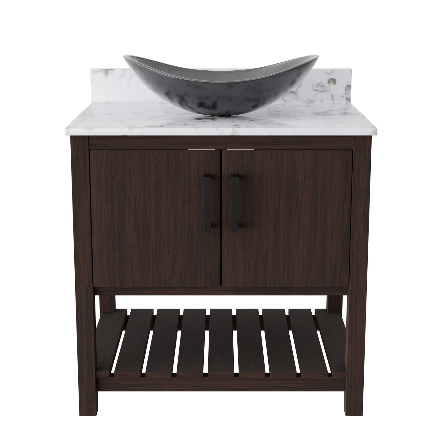 Novatto 30-inch bath vanity with café mocha quartz counter and sink, showcasing the sleek bathroom accessory design.