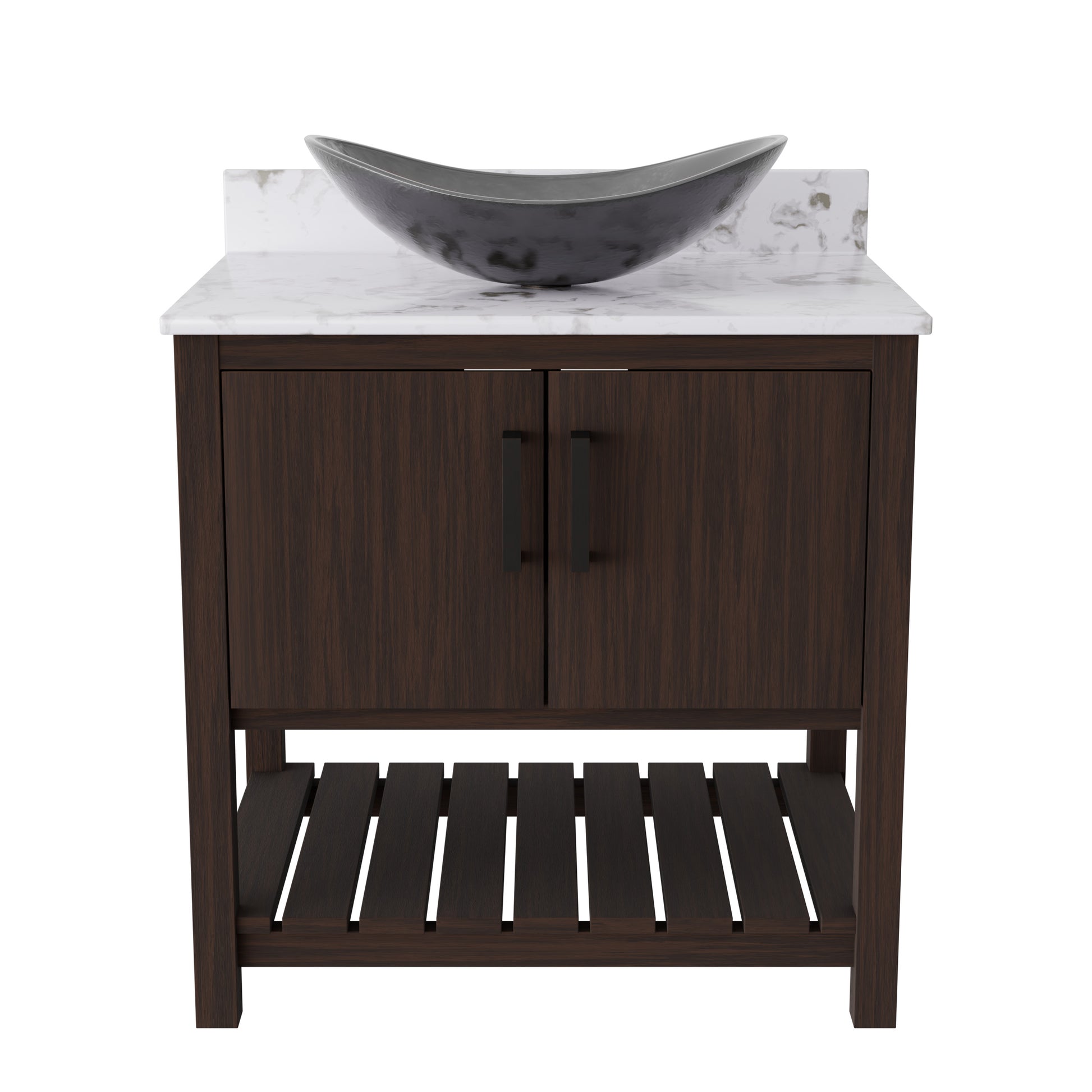 Novatto 30-inch bath vanity with café mocha quartz counter and sink, showcasing the sleek bathroom accessory design.