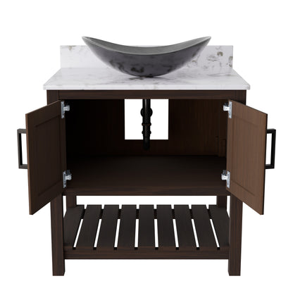 30-inch Novatto bath vanity with café mocha quartz countertop and integrated sink, shown in natural lighting.