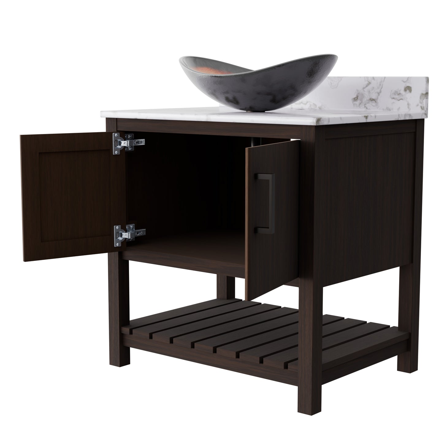 Novatto 30-inch bath vanity with café mocha quartz counter and sink, showcasing the elegant bathroom accessory design.