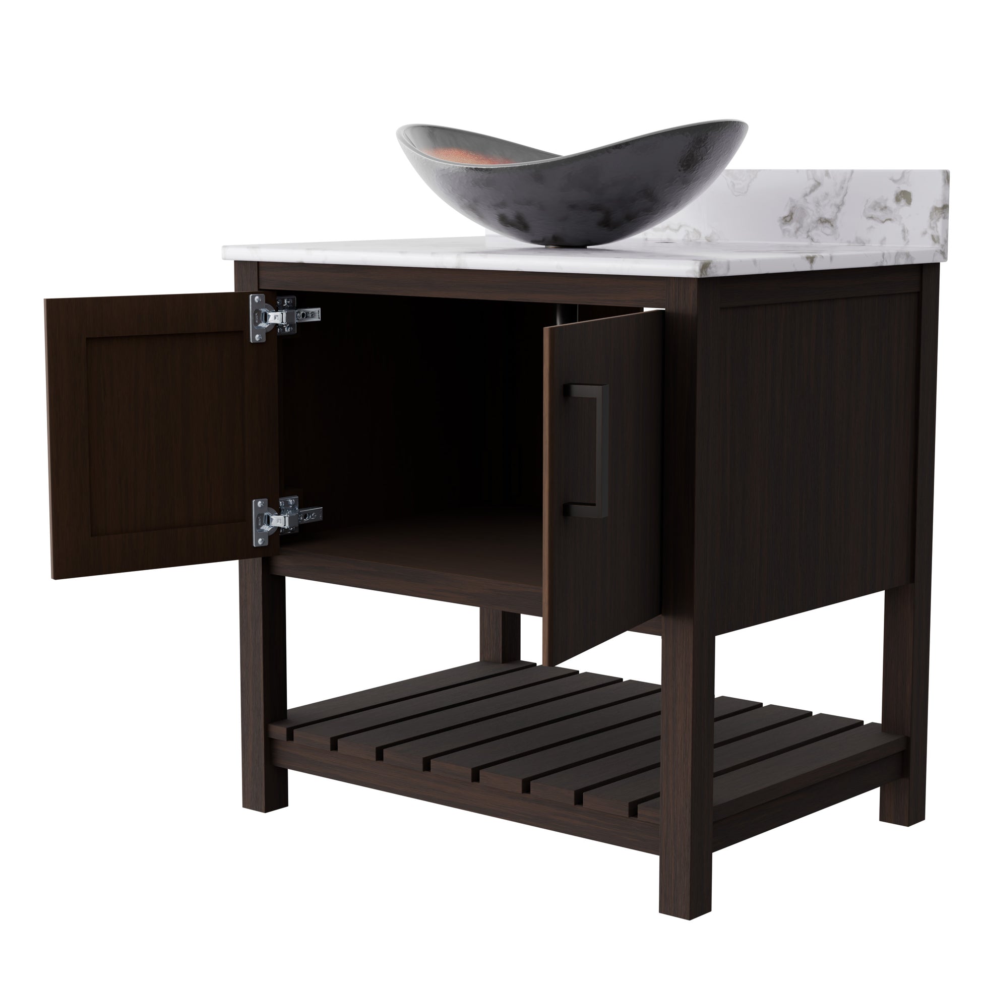 Novatto 30-inch bath vanity with café mocha quartz counter and sink, showcasing the elegant bathroom accessory design.