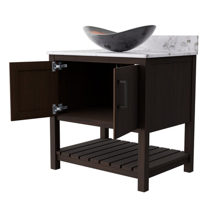 Novatto 30-inch bath vanity with café mocha quartz counter and sink, showcasing the elegant bathroom accessory design.