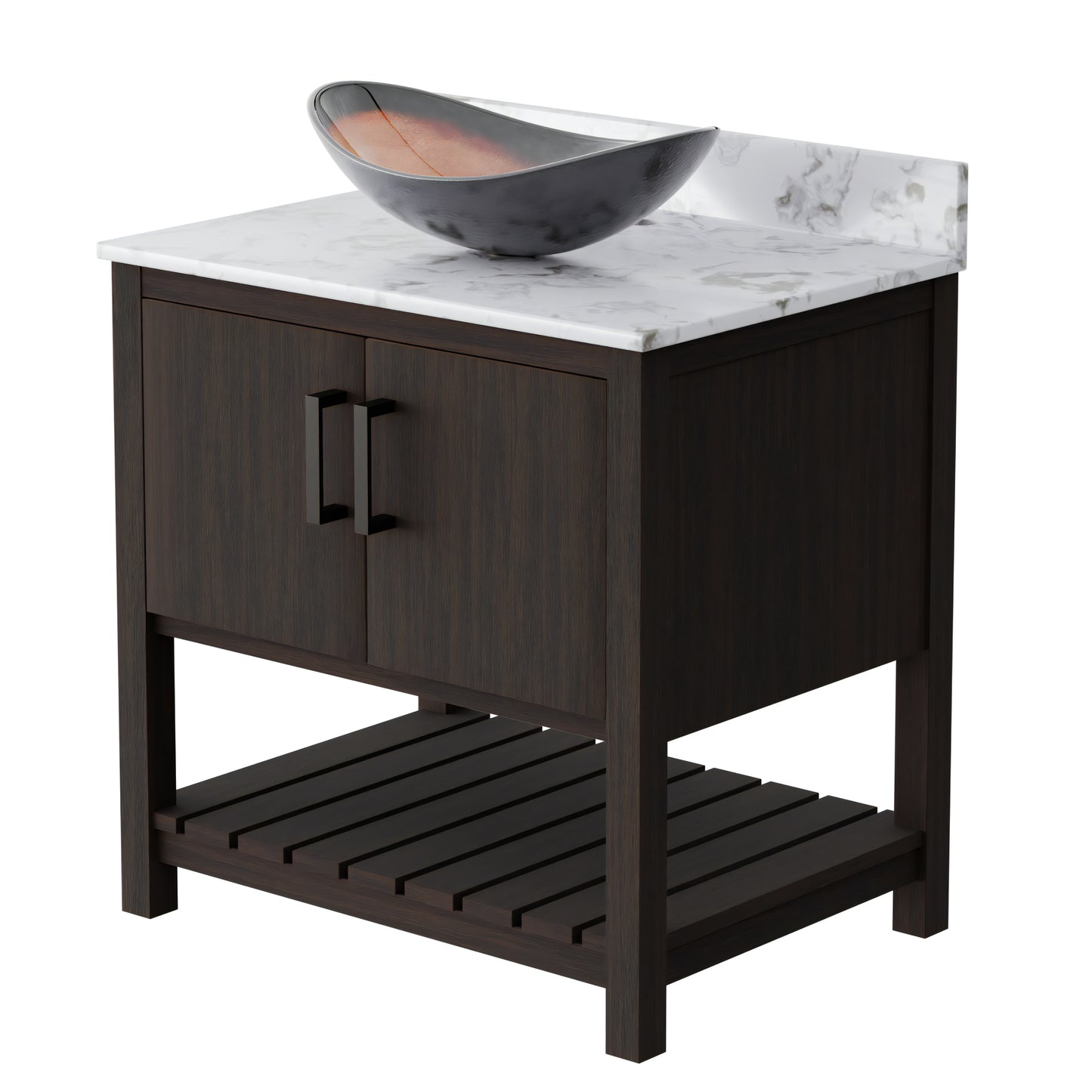 30-inch Novatto bath vanity with café mocha quartz counter and sink, showcasing sleek bathroom accessory design.