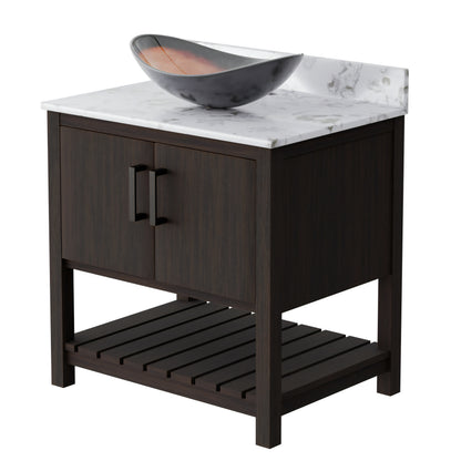30-inch Novatto bath vanity with café mocha quartz counter and sink, showcasing sleek bathroom accessory design.