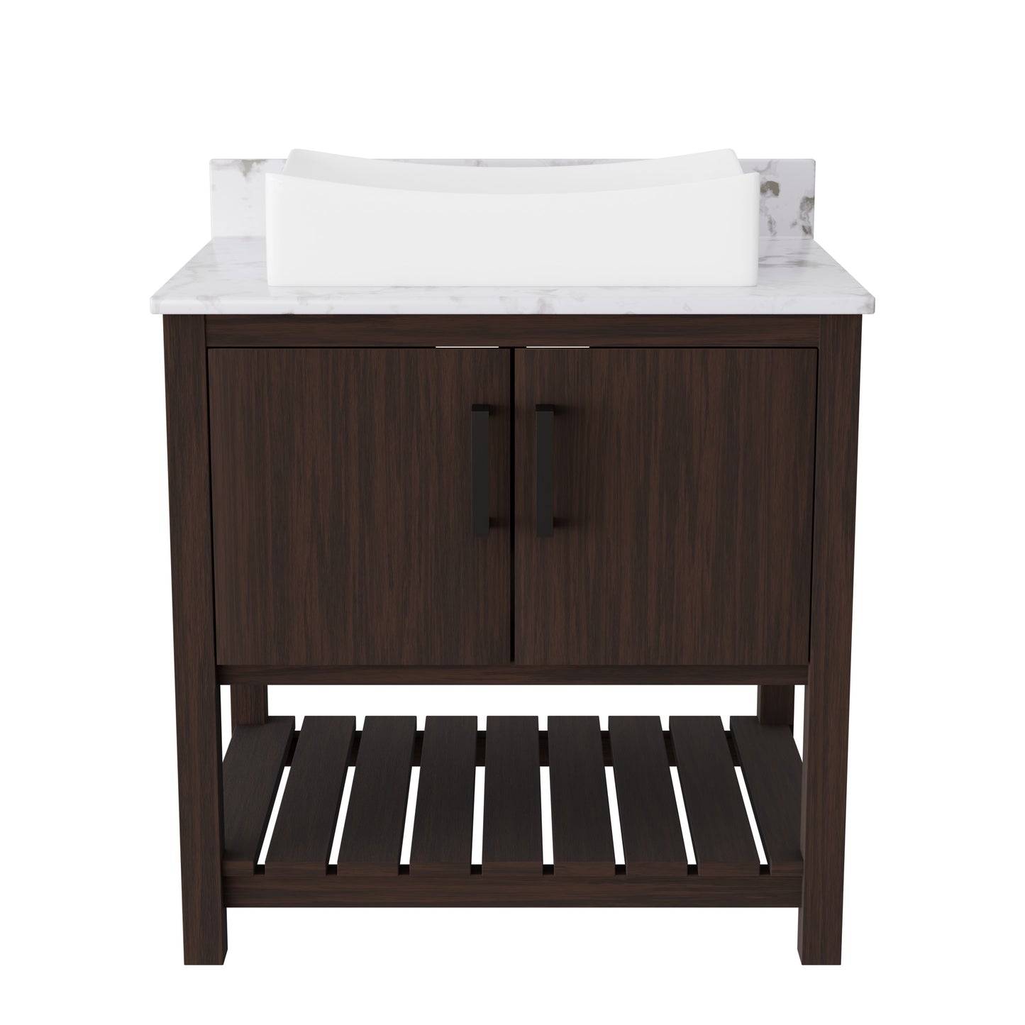 30-inch Novatto bath vanity with café mocha quartz countertop and integrated sink, shown in natural view.