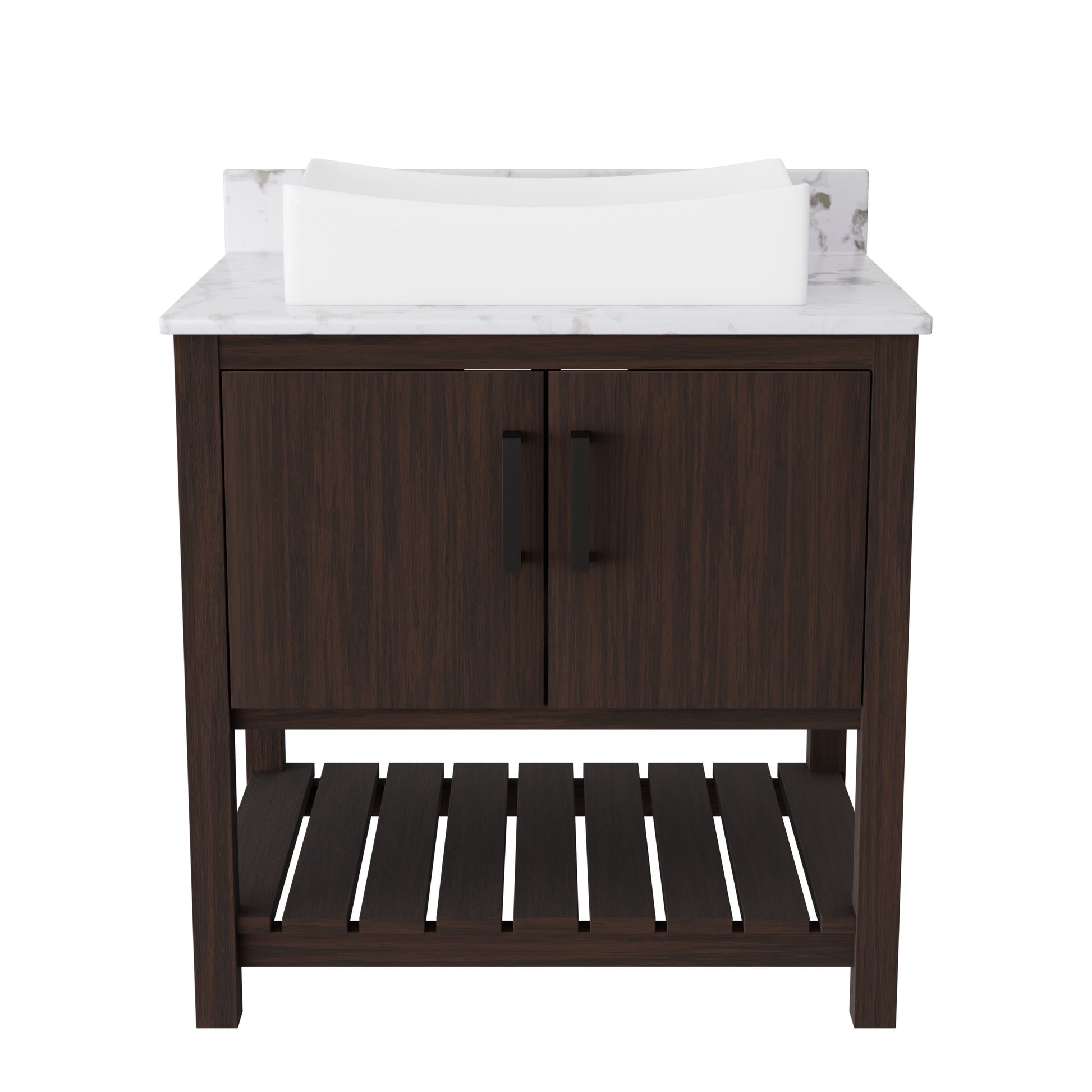 30-inch Novatto bath vanity with café mocha quartz countertop and integrated sink, shown in natural view.