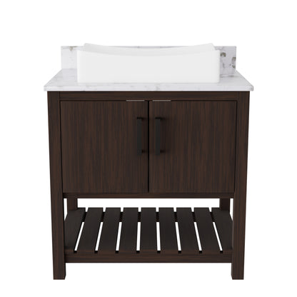 30-inch Novatto bath vanity with café mocha quartz countertop and integrated sink, shown in natural view.