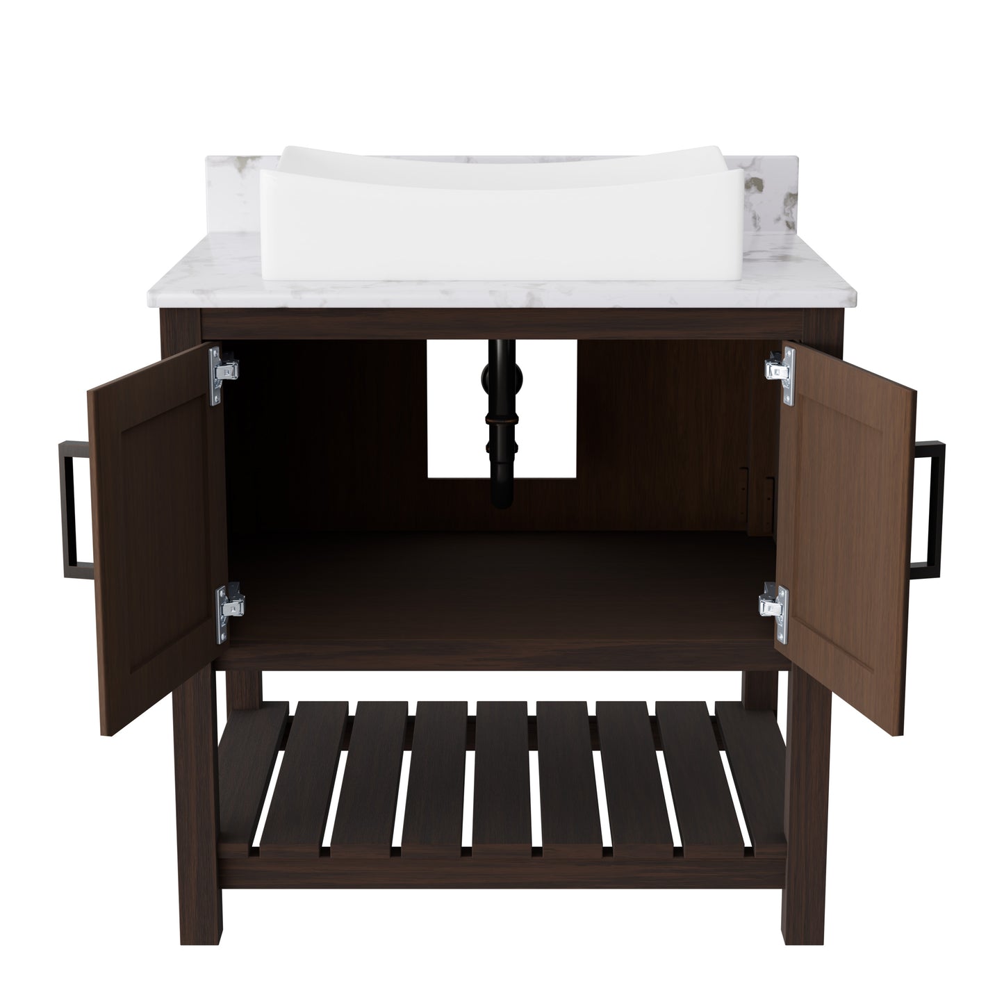 30-inch Novatto bath vanity with café mocha quartz countertop and integrated sink, featuring a modern accessory design.