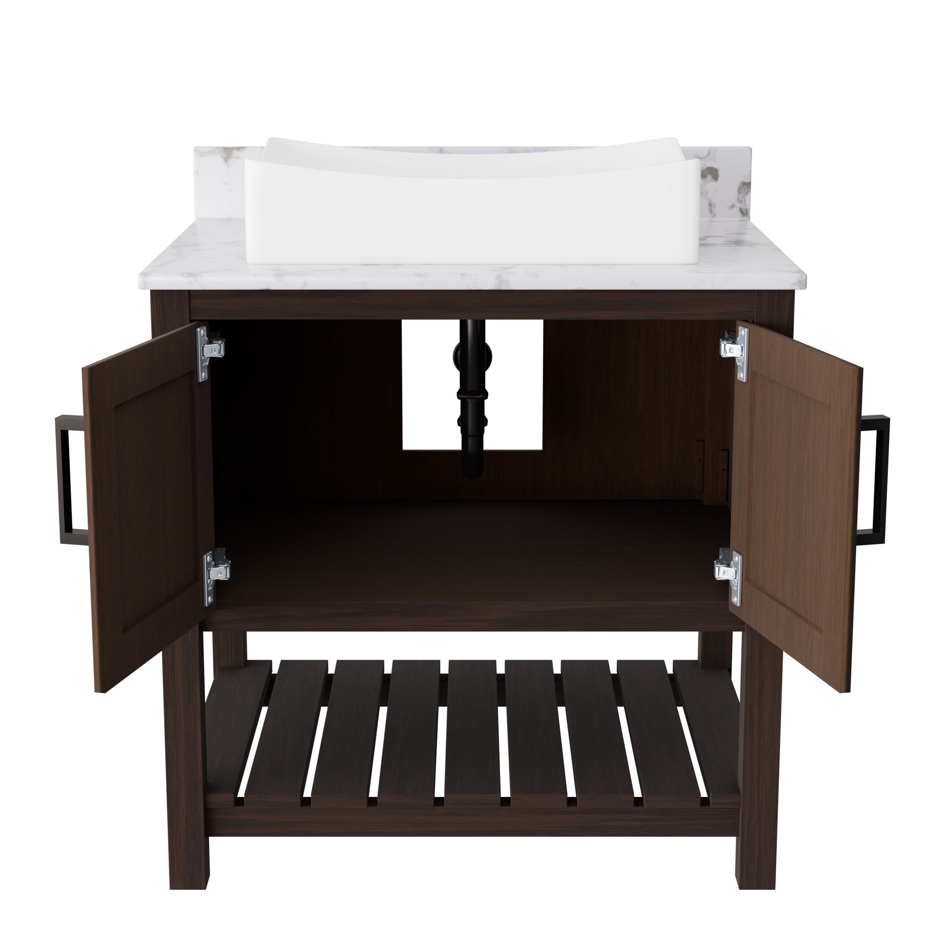 30-inch Novatto bath vanity with café mocha quartz countertop and integrated sink, featuring a modern accessory design.