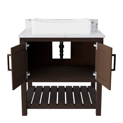 30-inch Novatto bath vanity with café mocha quartz countertop and integrated sink, featuring a modern accessory design.