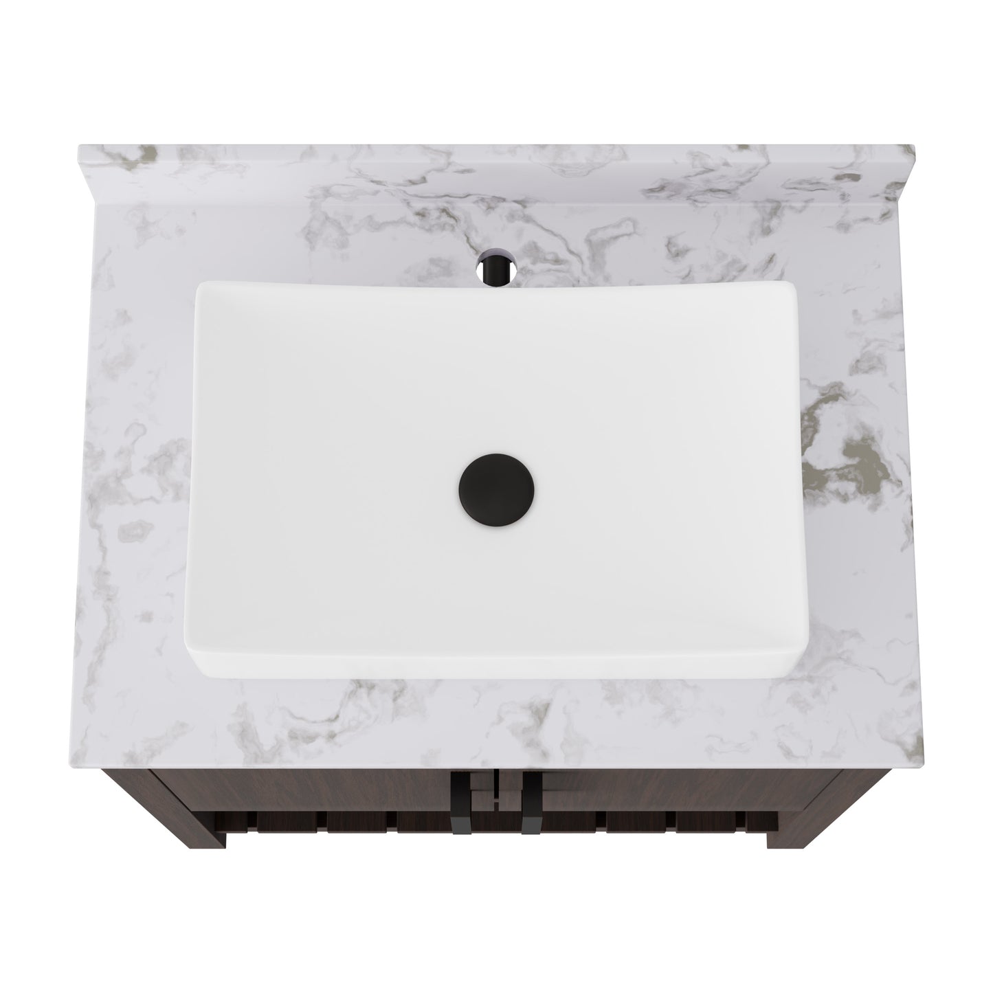 30-inch Novatto bath vanity with café mocha quartz counter and sink, showcasing its elegant design and polished surface.