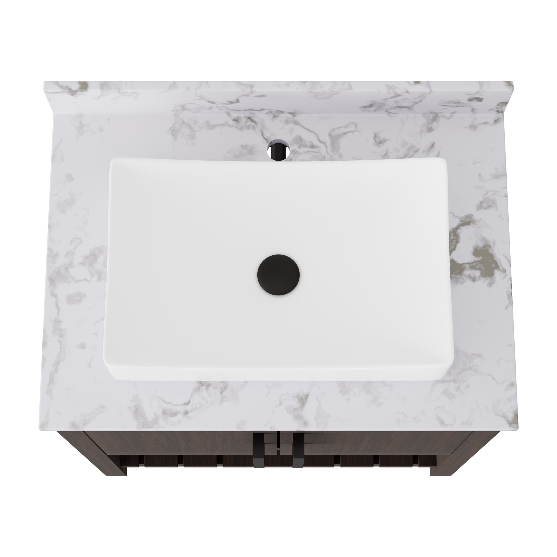 30-inch Novatto bath vanity with café mocha quartz counter and sink, showcasing its elegant design and polished surface.