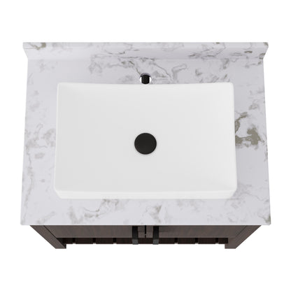 30-inch Novatto bath vanity with café mocha quartz counter and sink, showcasing its elegant design and polished surface.