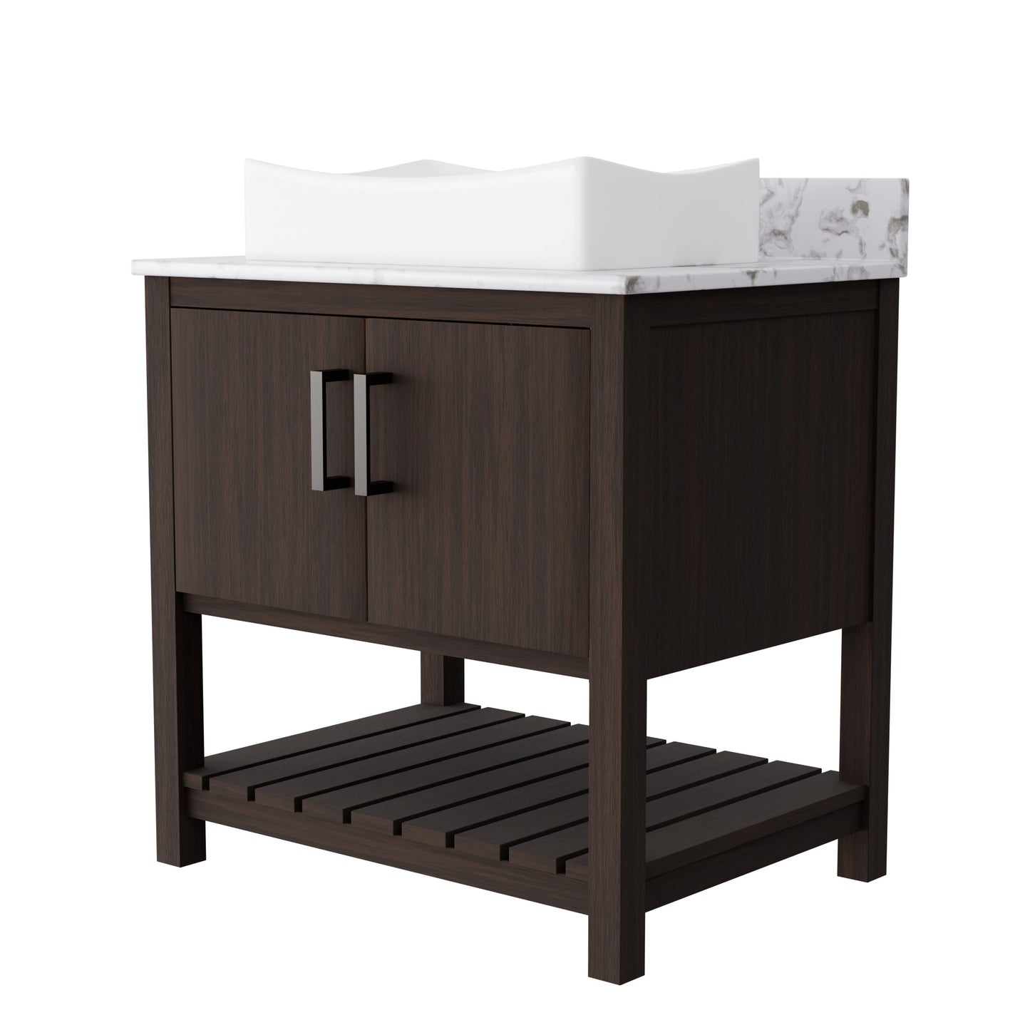 30-inch Novatto bath vanity with café mocha quartz counter and integrated sink, showcasing sleek bathroom accessory design.